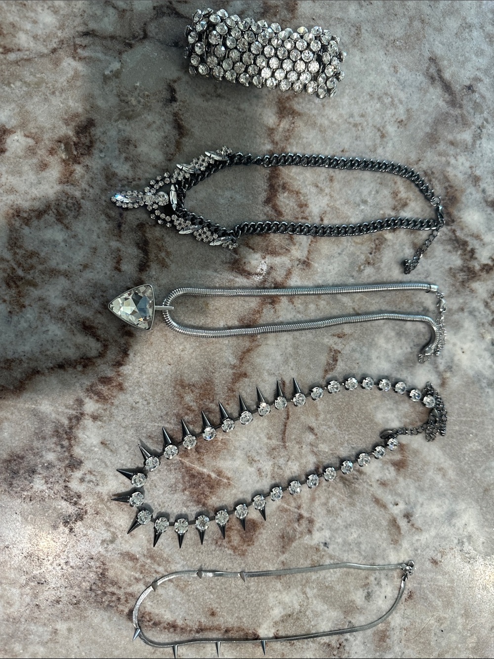 Silver Crystal and Spike Statement Necklace Lot - Costume Jewelry and Bracelets
